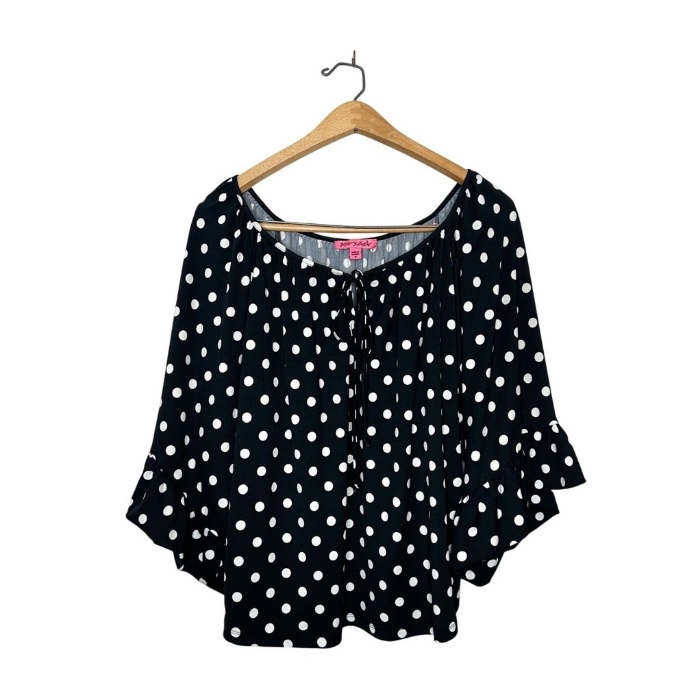 Betsey Johnson Polka Dot Flutter Sleeve Blouse Black‎ and White Top Medium M